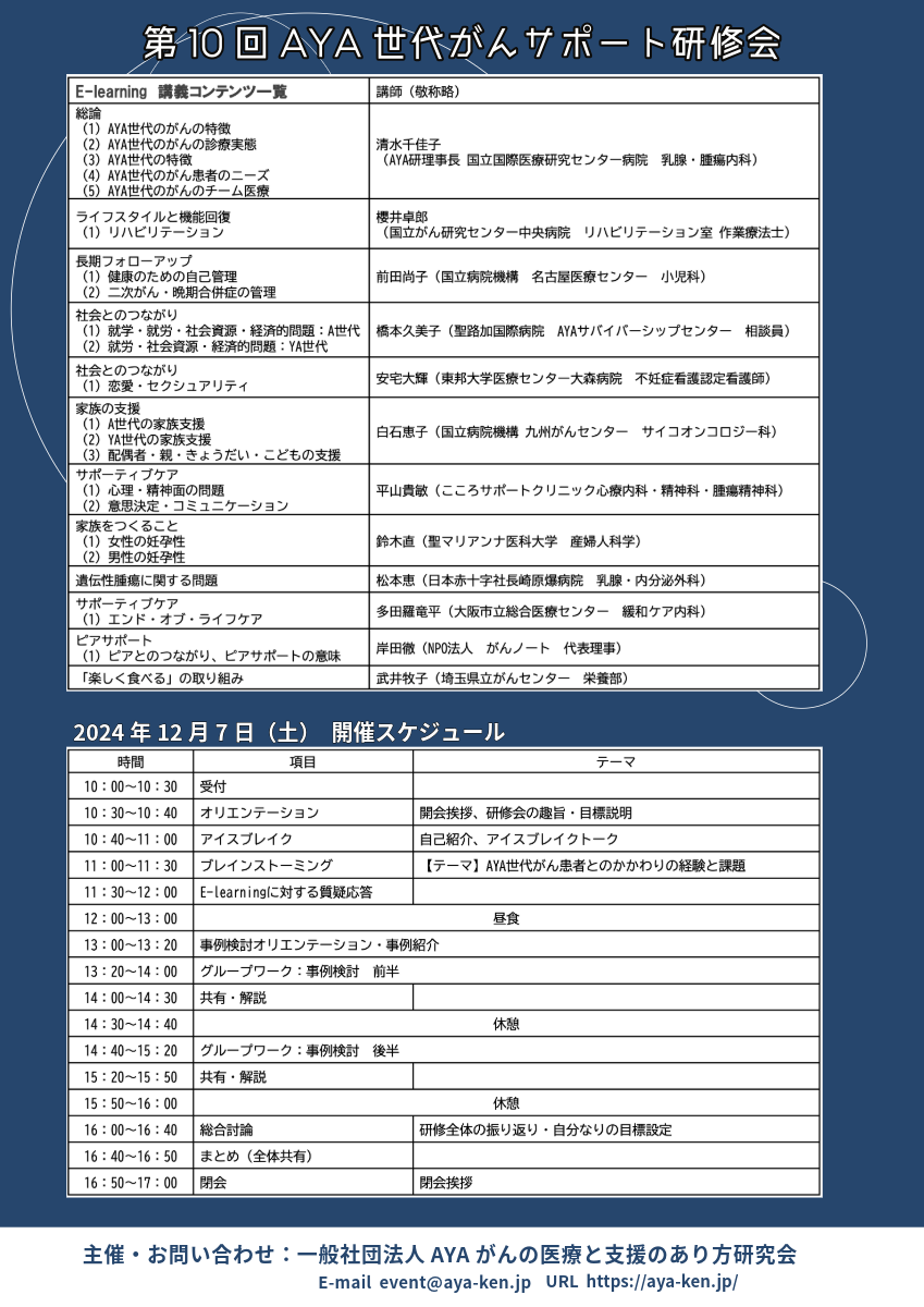 主催】第10回AYA世代がんサポート研修会 | 一般社団法人 AYAがんの医療